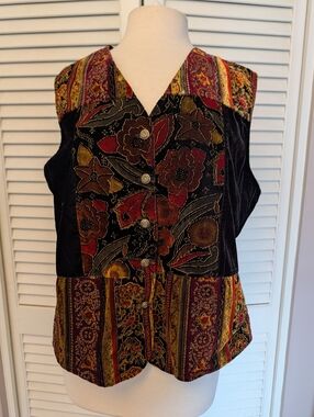 Jaclyn Smith Classics Vest Womens Velvet Floral Button Front 90s XL Patchwork